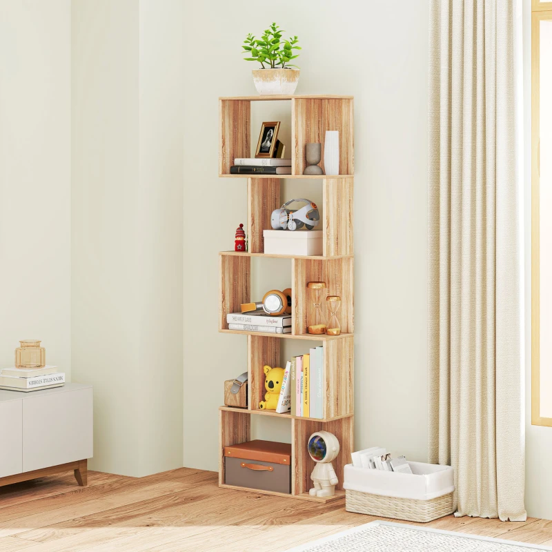 HOMCOM Librería de 5 Niveles Estantería para Libros en Forma de S para Salón Dormitorio Estudio Oficina 24x60x184,5 cm Natural