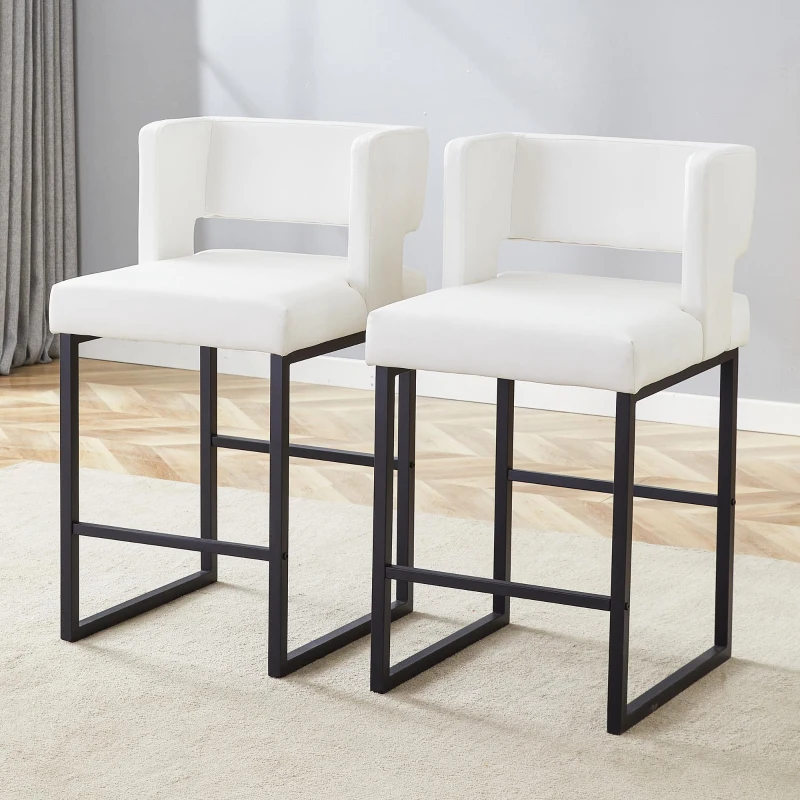 Lot de 2 tabourets de bar style nordique, structure métallique robuste avec pieds argentés, 48x53.3x91.4 cm, Blanc+Noir