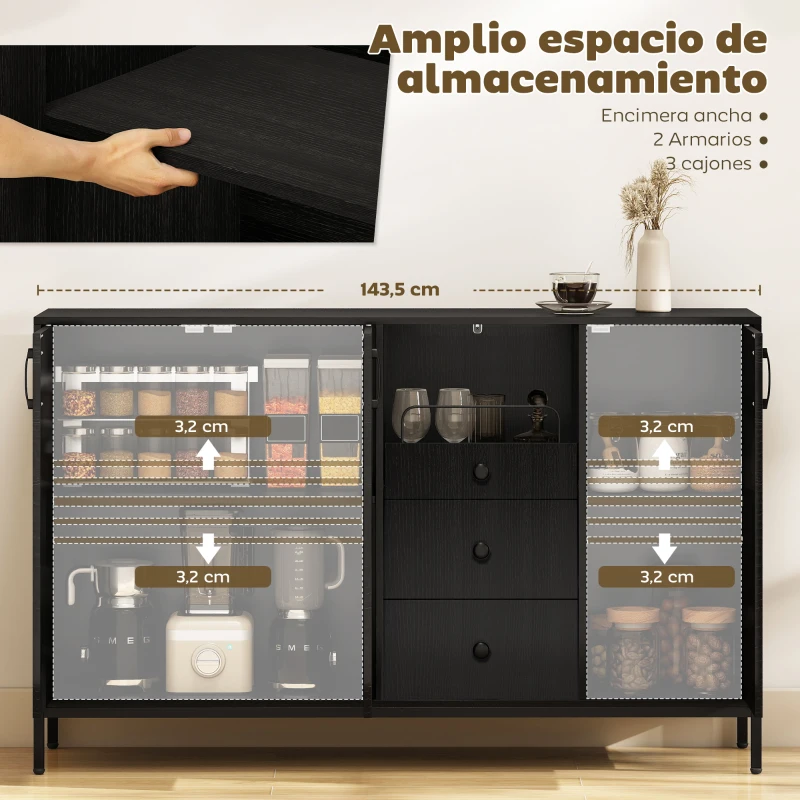 HOMCOM Aparador de 3 Puertas Aparador de Salón con 3 Cajones Estantes Ajustables para Cocina Entrada Negro 143,5x40x90 cm