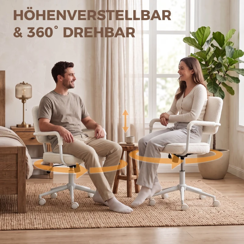 HOMCOM Bürostuhl aus Sherpa-Fleece, Drehstuhl mit 360°-Drehfunktion, Wippfunktion, höhenverstellbar, mit PU-Rollen, cremeweiß