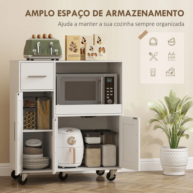 HOMCOM Móvel Auxiliar de Cozinha com Rodas para Microondas com Bandeja Deslizante Gaveta 3 Portas Prateleira Ajustável 80x40x88,7 cm Branco