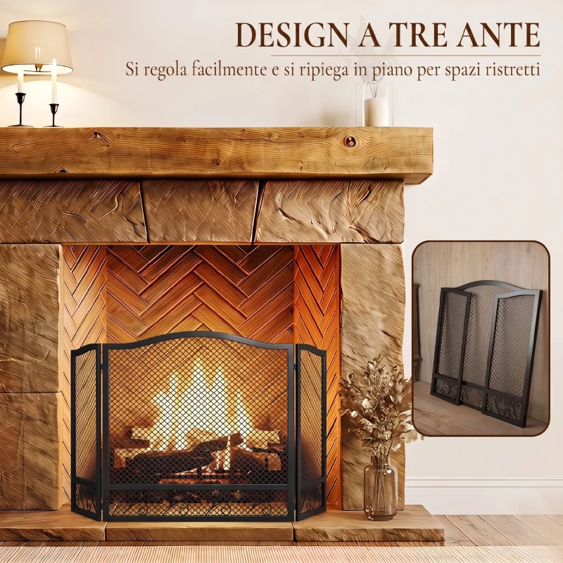 HOMCOM Parascintille Camino Pieghevole a 3 Pannelli in Metallo Verniciato, Pronto all'Uso, 107x1x60 cm, Nero