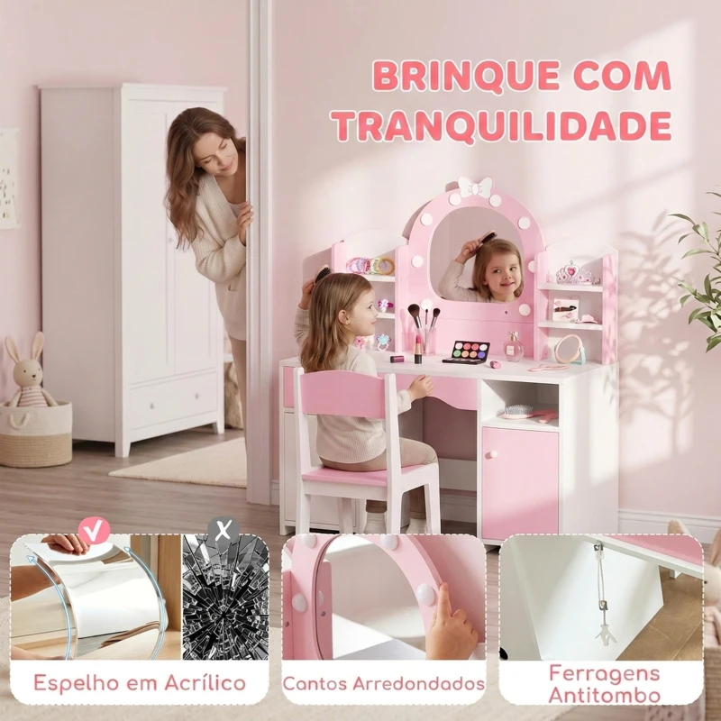 AIYAPLAY Penteadeira Infantil com Espelho LED 2 Cores, Banco, 2 Armários, Gaveta e Prateleiras, Rosa