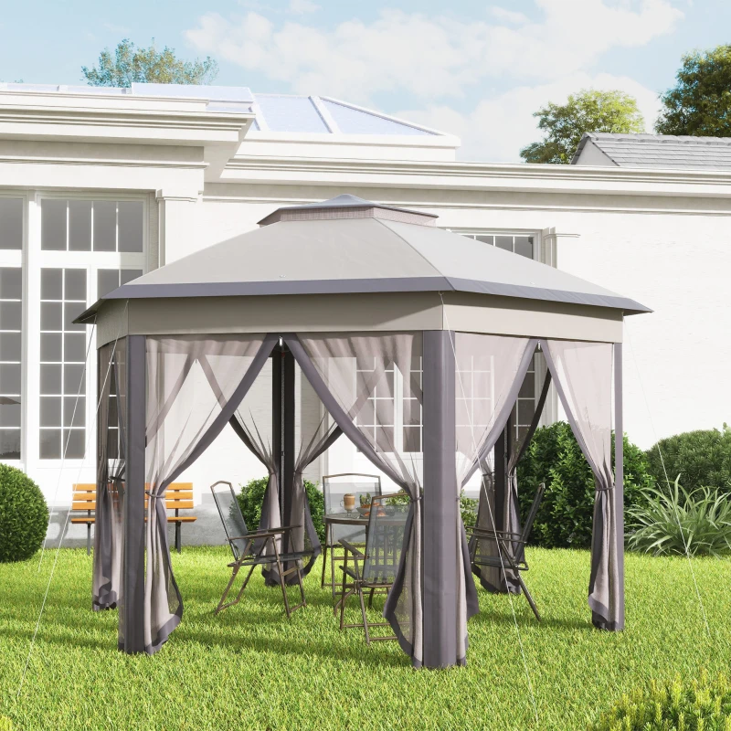 Outsunny Carpa Plegable 4x3,4 m con Doble Techo 6 Mosquiteras Extraíbles y Bolsa de Transporte Anti-UV Marrón y Beige