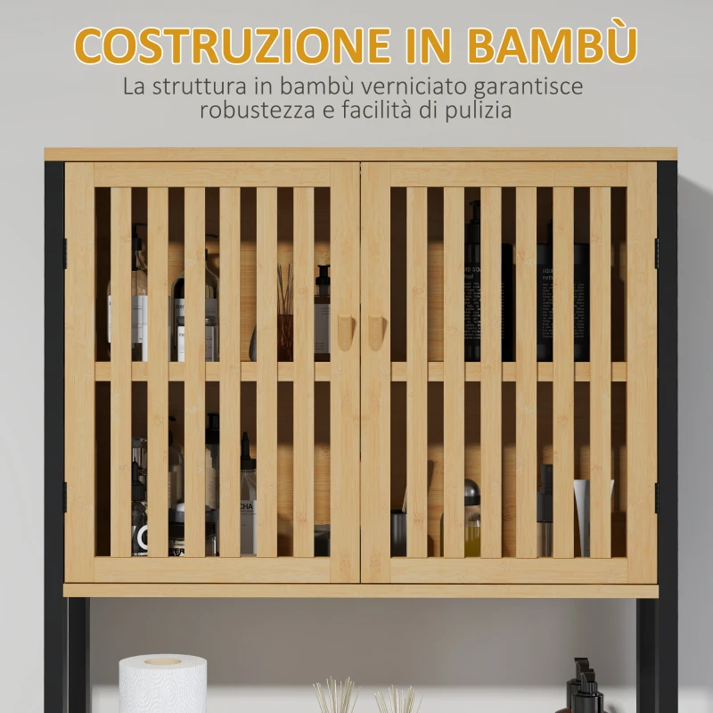 HOMCOM Mobile Sopra WC con Armadietto 2 Ante a Doghe e Ripiano Aperto, 60x21.5x172cm, Colore Legno