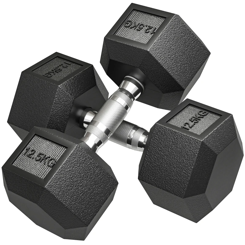 HOMCOM Ganteră Hexagonală din Cauciuc 12,5 kg, Portabilă, pentru Acasă sau Sală, Negru