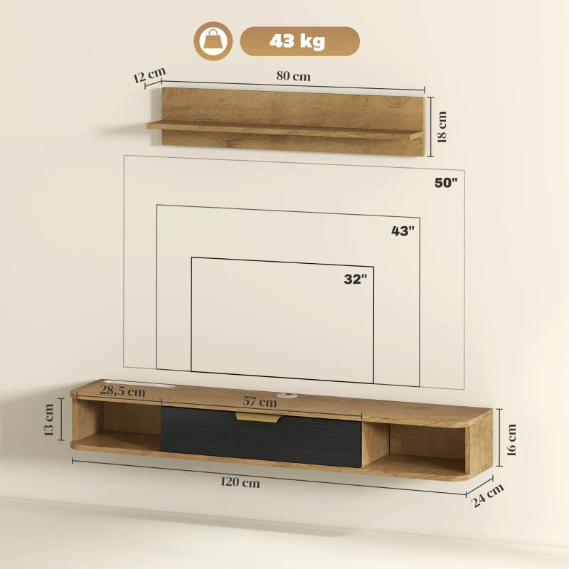 HOMCOM Conjunto de Muebles de Salón Muebles de TV con Estante de Pared Compartimentos Orificios para Cables 120x24x16 cm Roble