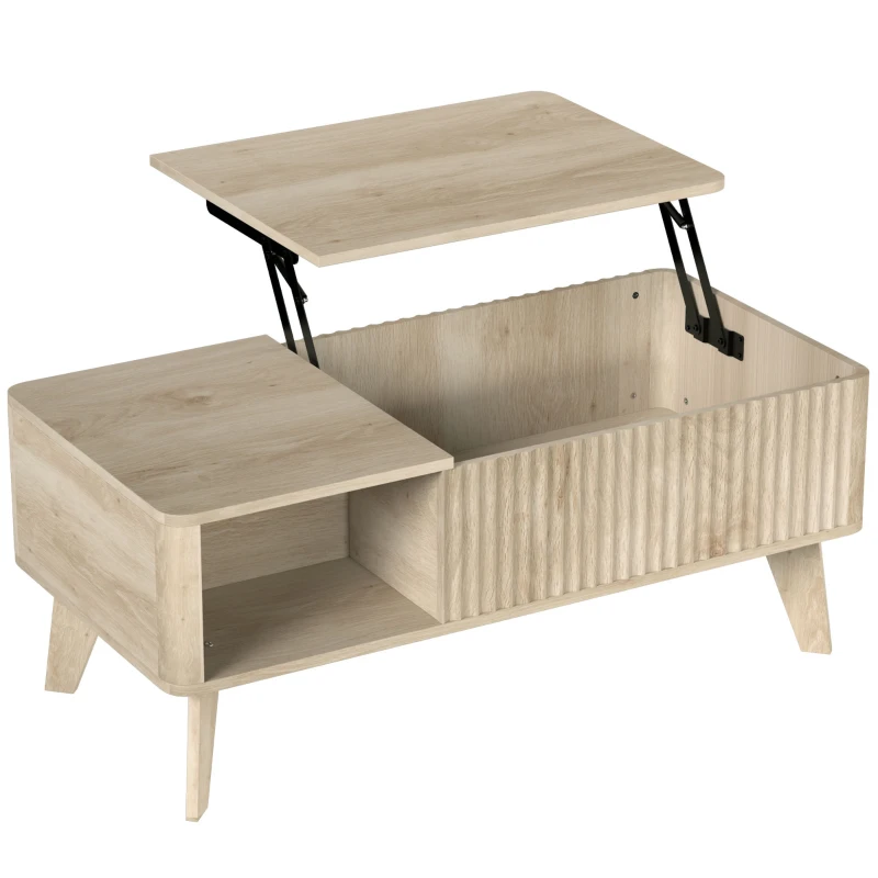 HOMCOM Mesa de centro elevable, compartimento oculto, 2 estantes abiertos, esquinas redondeadas, estilo mid-century, 100x48x41cm, Roble