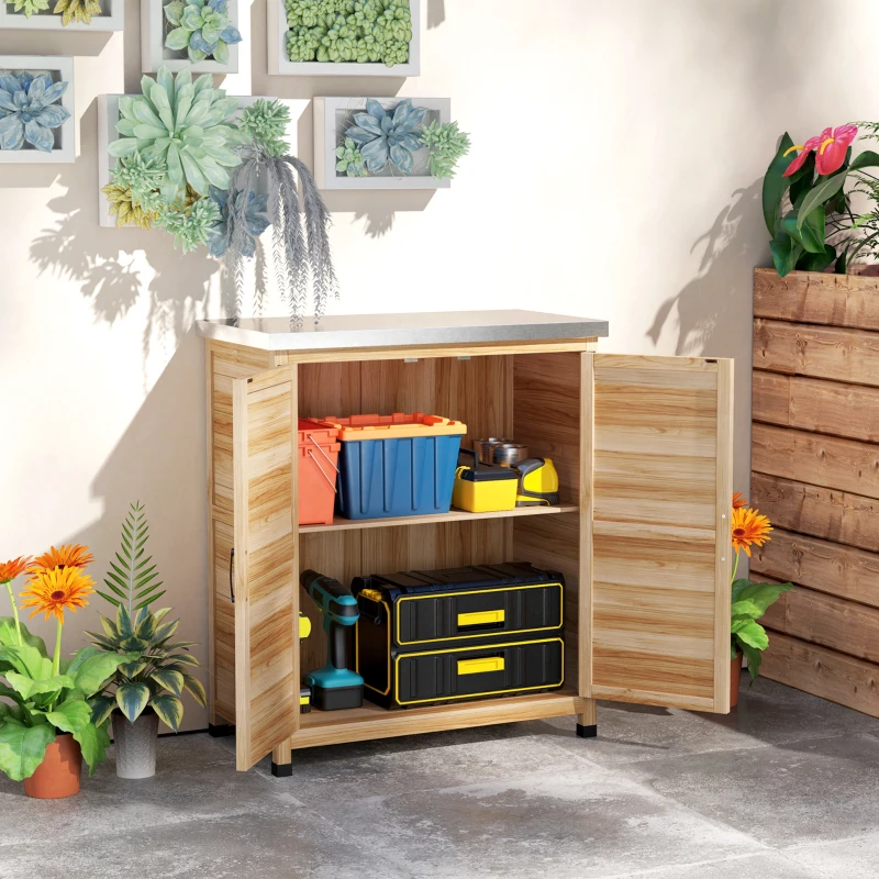 Outsunny Armadio da Esterno con Ripiano Interno e Banco da Lavoro, in Legno e Acciaio Zincato, 79x43x92 cm, color Legno