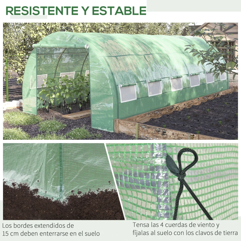 Outsunny Invernadero de Túnel 6x3x2 m con Puerta y 12 Ventanas de Malla Enrollables Invernadero de Huerto para Patio Jardín Verde