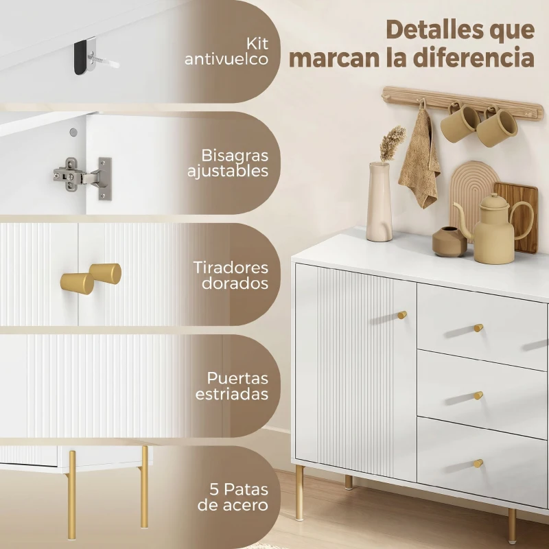 HOMCOM Aparador Moderno de 2 Puertas Aparador de Salón con 3 Cajones Estantes Ajustables Blanco 120x39,1x76 cm
