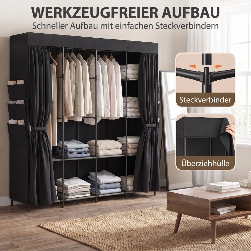 HOMCOM Stoffen kledingkast, stofdicht en draagbaar, 5 kledingroedes, 170 x 45 x 167 cm, zwart