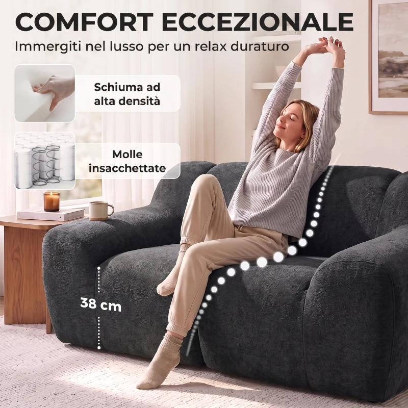 HOMCOM Divano 2 Posti in Ciniglia Senza Struttura, Seduta Ampia, 174x91x61 cm, Grigio Scuro