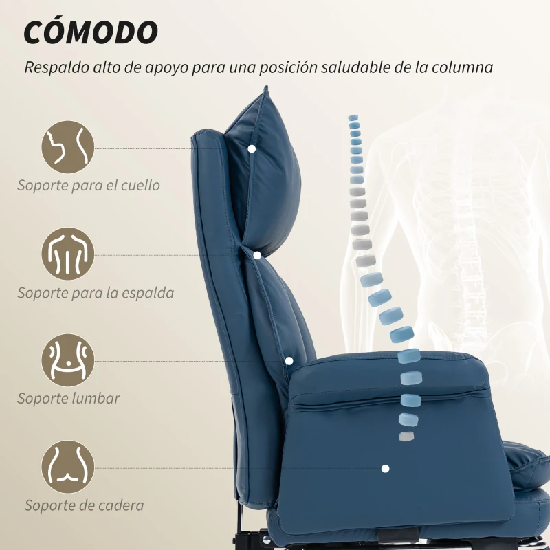 HOMCOM Silla de Escritorio con Reposapiés Respaldo Reclinable Alto Acolchado Grueso Tapizada en Cuero Sintético Ruedas Azul