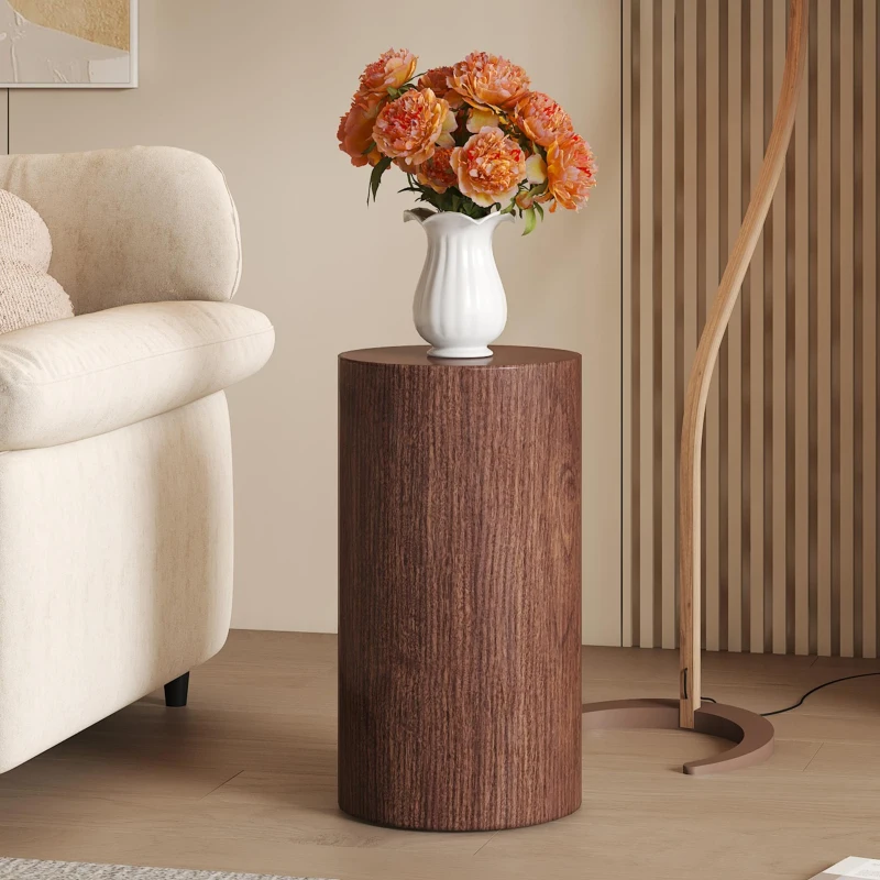 Table basse ronde élégante, bords arrondis et patins antidérapants, 30x30x55 cm, Noyer