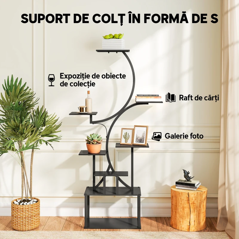 Outsunny Suport de flori cu 8 niveluri, design în formă de S, pentru interior și exterior, din metal, 74x26x158,5 cm, negru