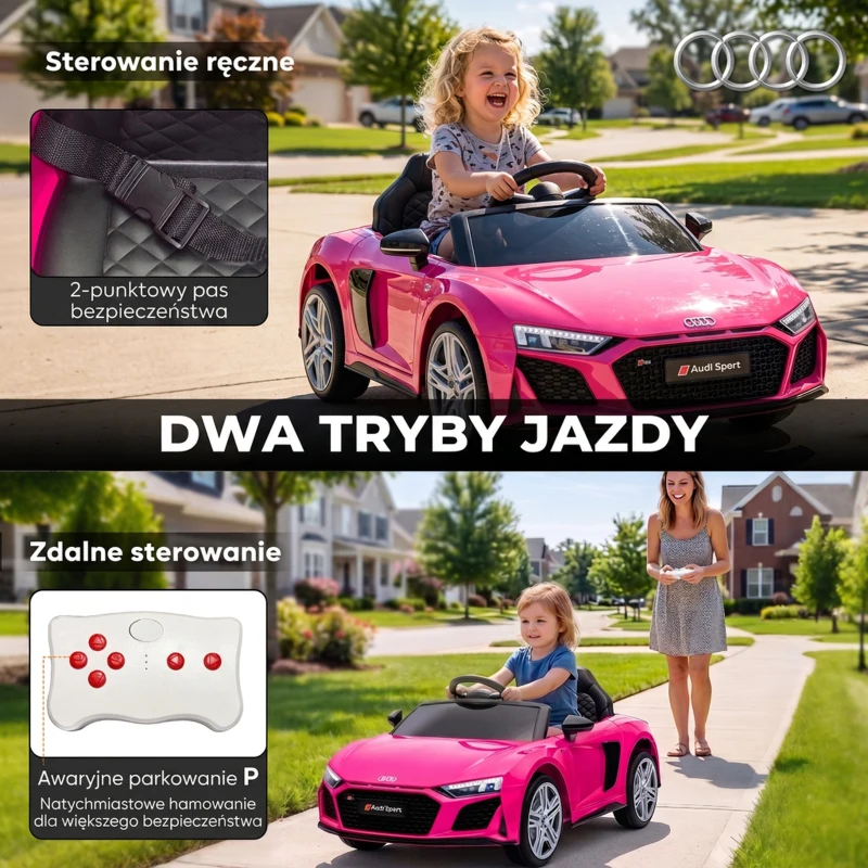 AIYAPLAY Elektryczny samochód dla dzieci 12V z pilotem, akumulator litowy, 2 silniki, łagodny rozruch, tylne zawieszenie Różowy