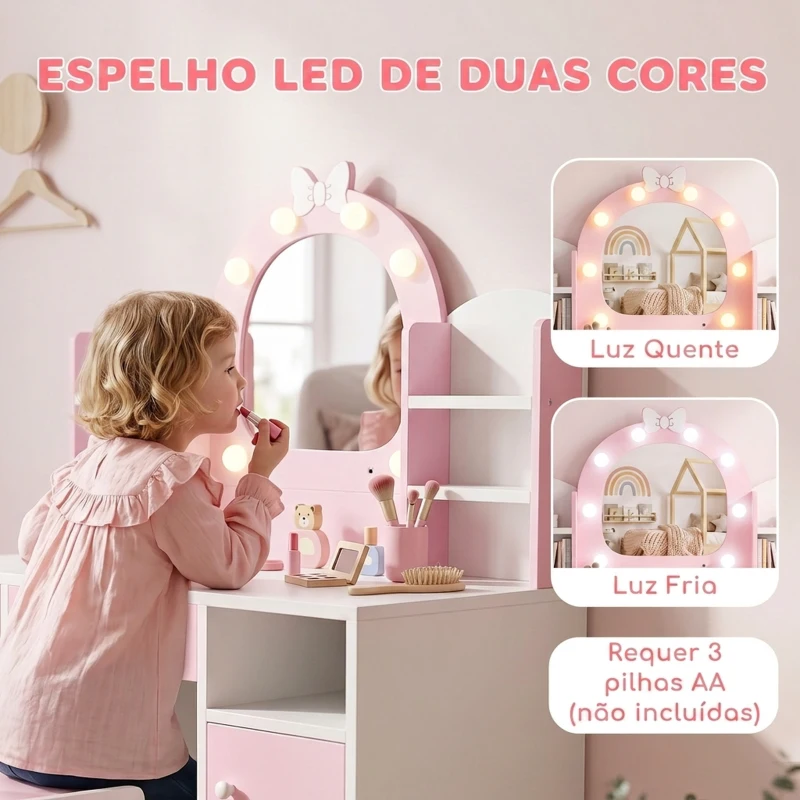 AIYAPLAY Penteadeira Infantil com Espelho LED 2 Cores, Banco, 2 Armários, Gaveta e Prateleiras, Rosa