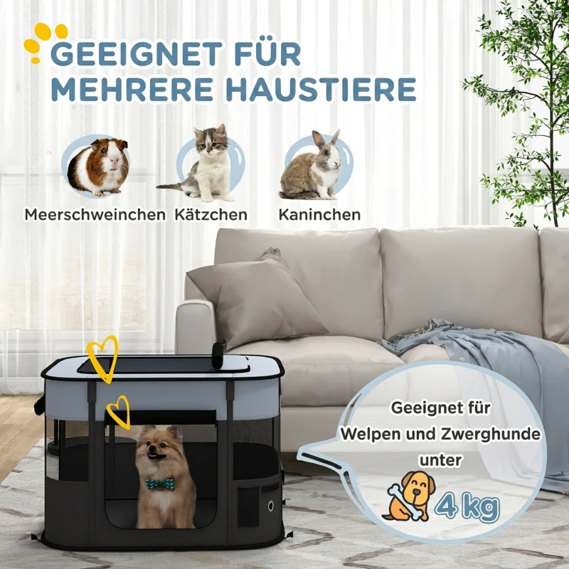 PawHut Spielgehege für Haustiere, faltbar, mit Aufbewahrungstasche, für Welpen und Kätzchen, drinnen und draußen, Grau(m-4)