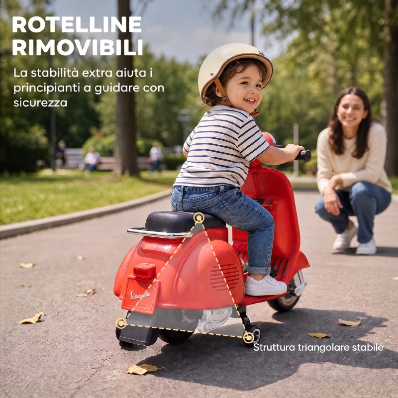 AIYAPLAY Moto Elettrica per Bambini 3+ Anni Licenza VESPA, 7.2V, con Rotelle Rimovibili, 3-5 km/h, Max 30kg, Rosso