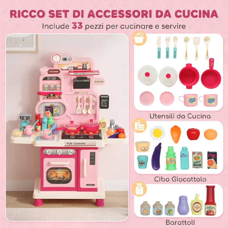AIYAPLAY Cucina Giocattolo per Bambini con Luci, Suoni, Fornello, Lavello, Rubinetto, Cappa, Accessori, 3-6 Anni, Rosa