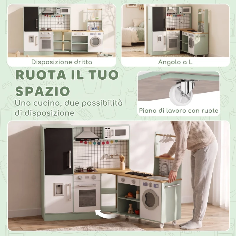 AIYAPLAY Cucina per Bambini 3-8 Anni con Piano Girevole, Fornelli, Luci e Suoni, Forno, Microonde, Verde Chiaro