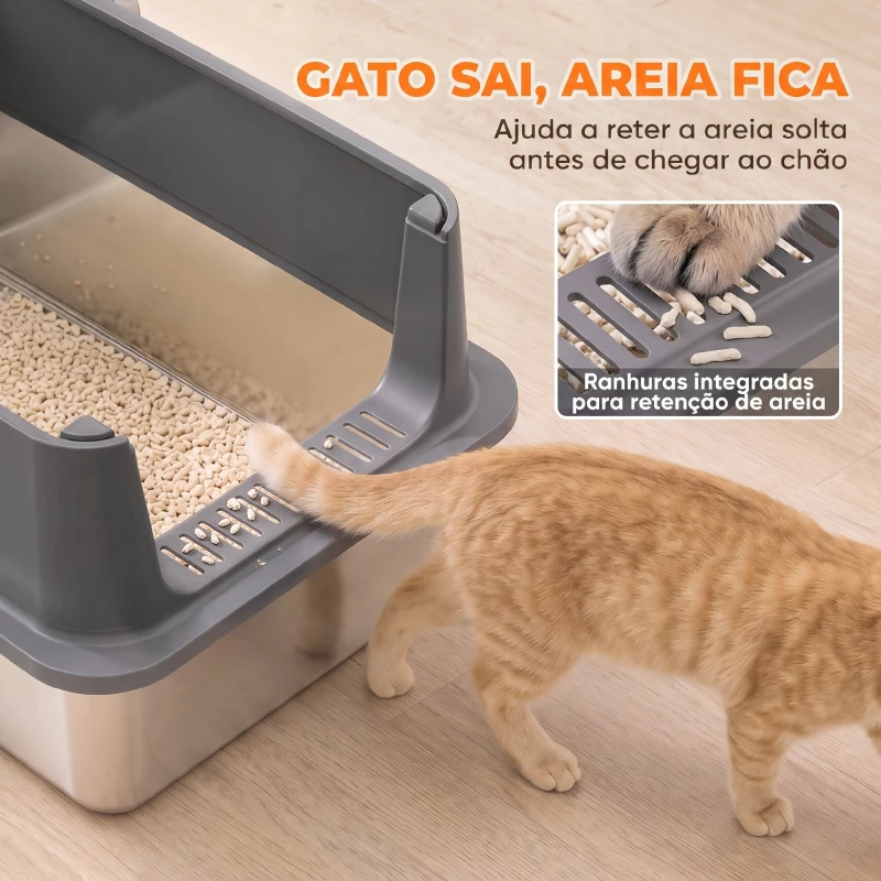PawHut Conjunto de 2 Caixas de Areia XL em Aço Inoxidável com Bordo Alto e 2 Pás para Gatos Grandes e Vários Gatos Cinza Escuro