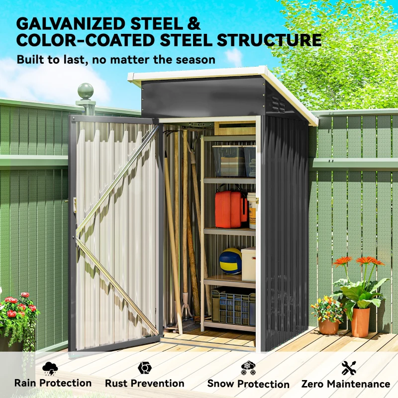 Outsunny 3.5 x 3 ft Outdoor Storage Shed with Sloping Roof, Lockable Door, 2 Vents and Gloves for Garden, Dark Grey