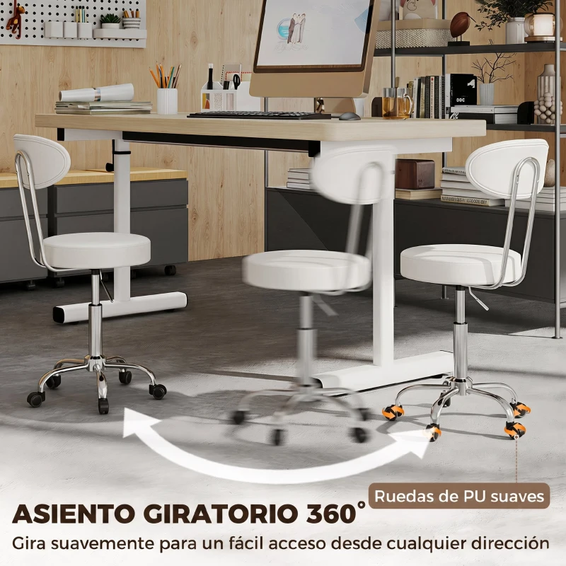 HOMCOM Taburete con Ruedas Giratorio Altura Regulable de Cuero Sintético con Respaldo para Spa Oficina Tatuajes Blanco