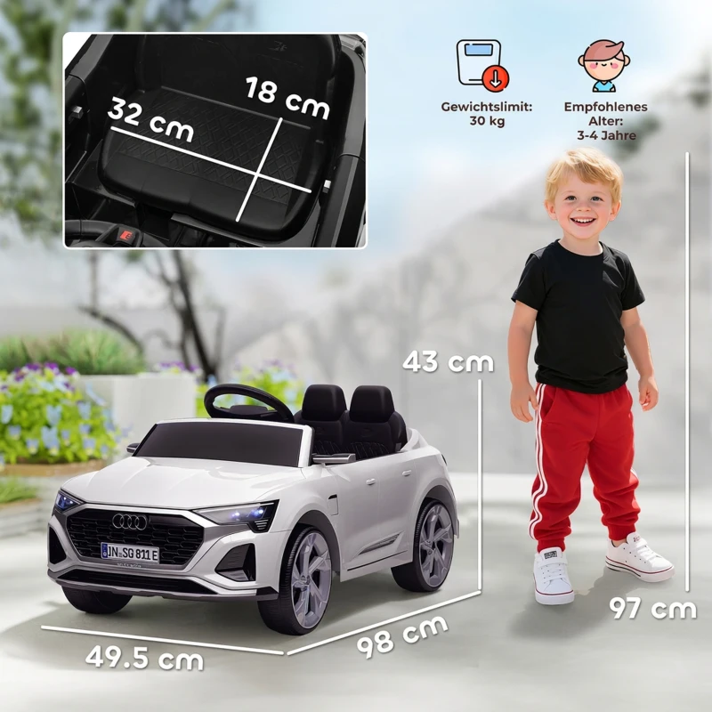 AIYAPLAY Elektro-Kinderauto, 12V Audi Q8, 3-5 km/h, Fernsteuerung, Scheinwerfer, Musik, Weiß