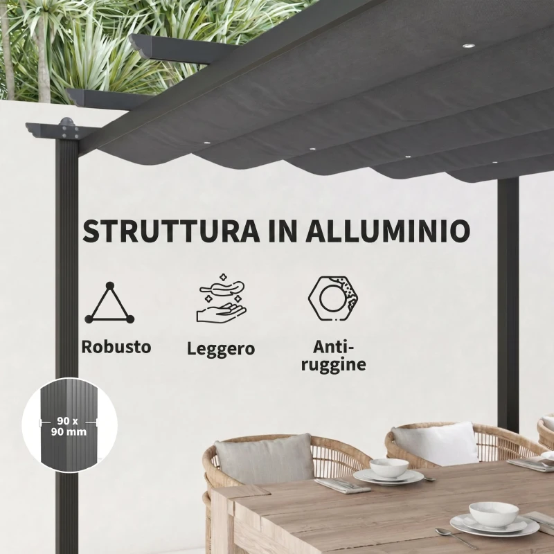 Outsunny Pergola Gazebo 3x3 m con 8 Fori di Drenaggio, in Alluminio, Metallo e Poliestere, Grigio Scuro