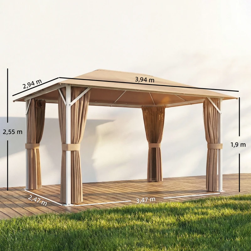 Outsunny Tonnelle de Jardin Pavillon Structure Stable en Métal 60mm Protection UV50+ et 10 Trous de Drainage 394x294x255cm Khaki