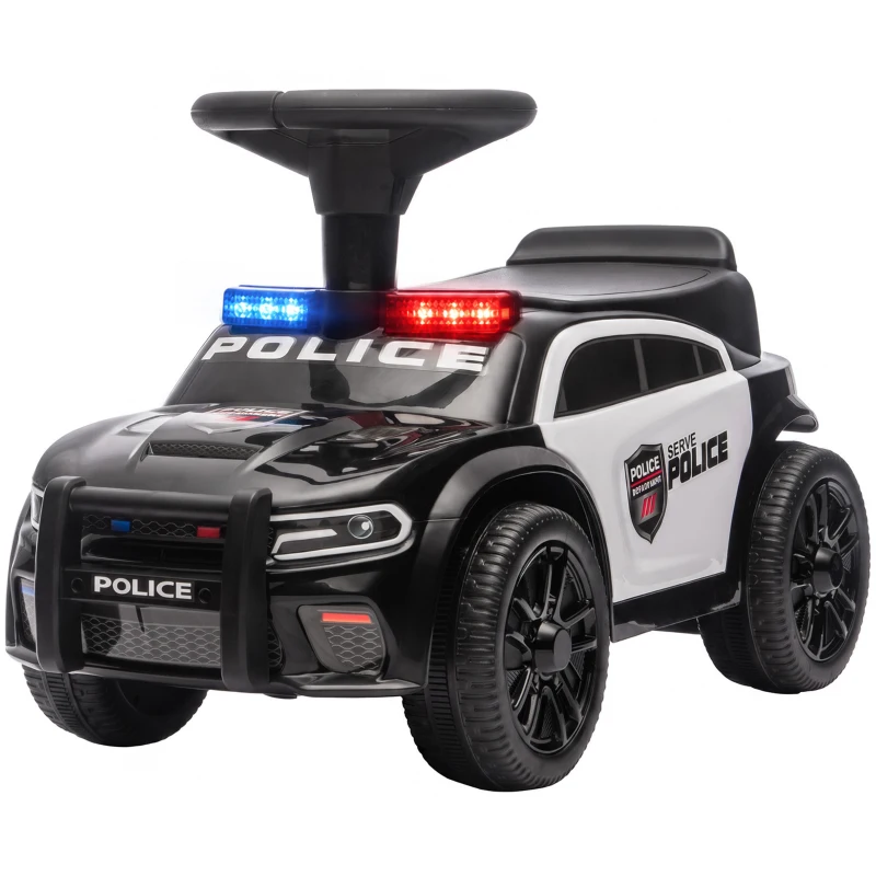AIYAPLAY Coche Correpasillos de Policía para Niños de 18-36 Meses con Luz Música y Espacio de Almacenaje 65x29,5x36 cm Negro