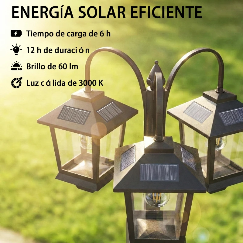 Outsunny Farola Solar Exterior de Jardín de Aluminio con 3 Cabezales con Encendido/Apagado Automático IP44 40x34,5x188 cm Negro