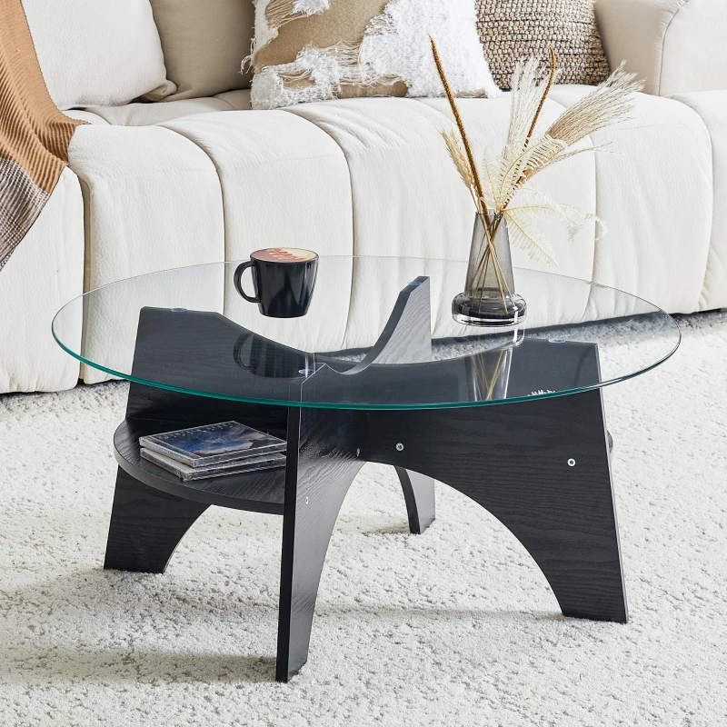Table basse ronde, design moderne, patins antidérapants, 80x80x36 cm, Transparent