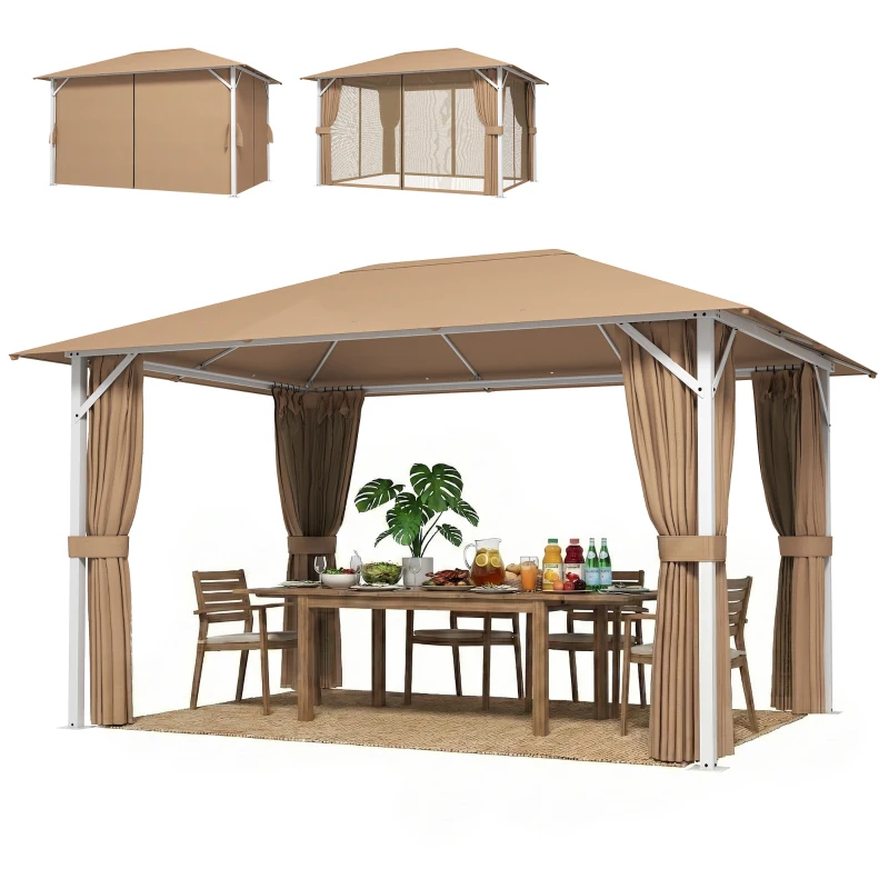 Outsunny Tonnelle de Jardin Pavillon Structure Stable en Métal 60mm Protection UV50+ et 10 Trous de Drainage 394x294x255cm Khaki