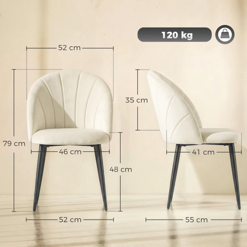 HOMCOM Set di 2 Sedie Sala da Pranzo con Schienale a Conchiglia e Gambe in Metallo, in Velluto, Crema