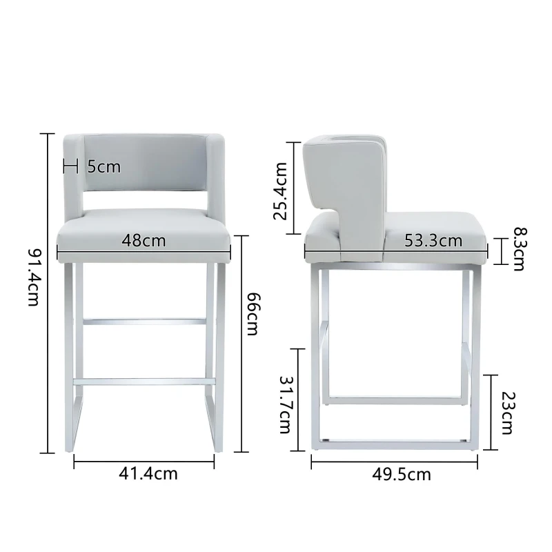 Lot de 2 tabourets de bar style nordique, structure métallique robuste avec pieds argentés, 48x53.3x91.4 cm, Gris clair+Argent