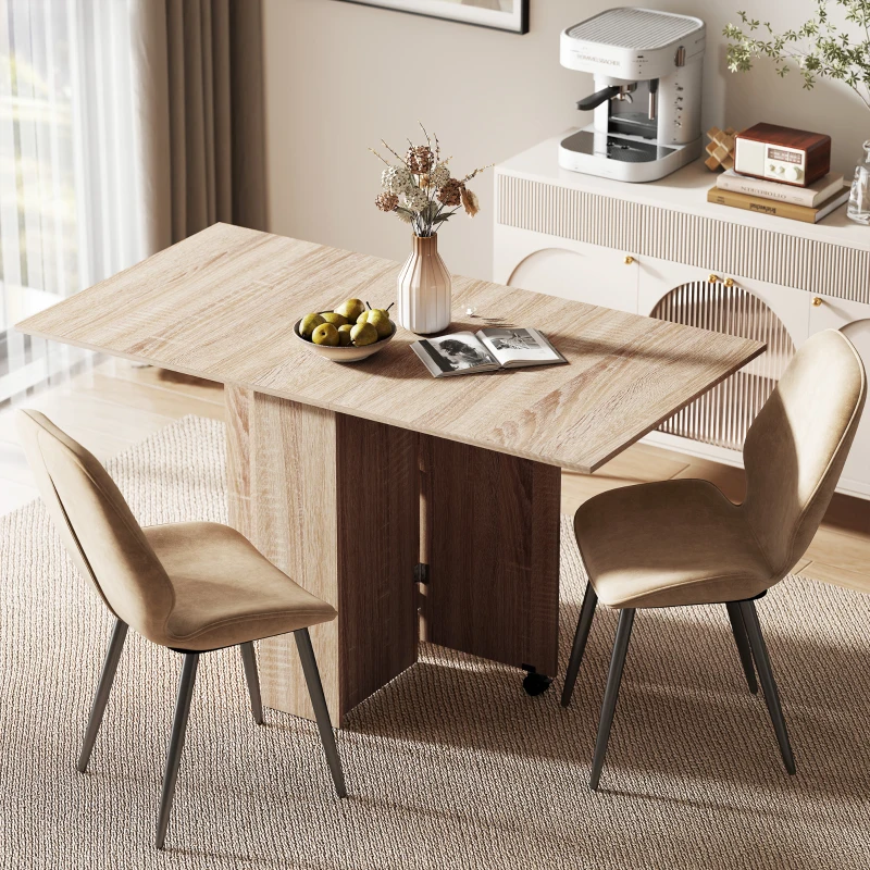 HOMCOM Dining Table Set, Folding Kitchen Table with Storage Shelves, 2 Velvet Upholstered Chairs, Natural Wood Finish and Light Brown
