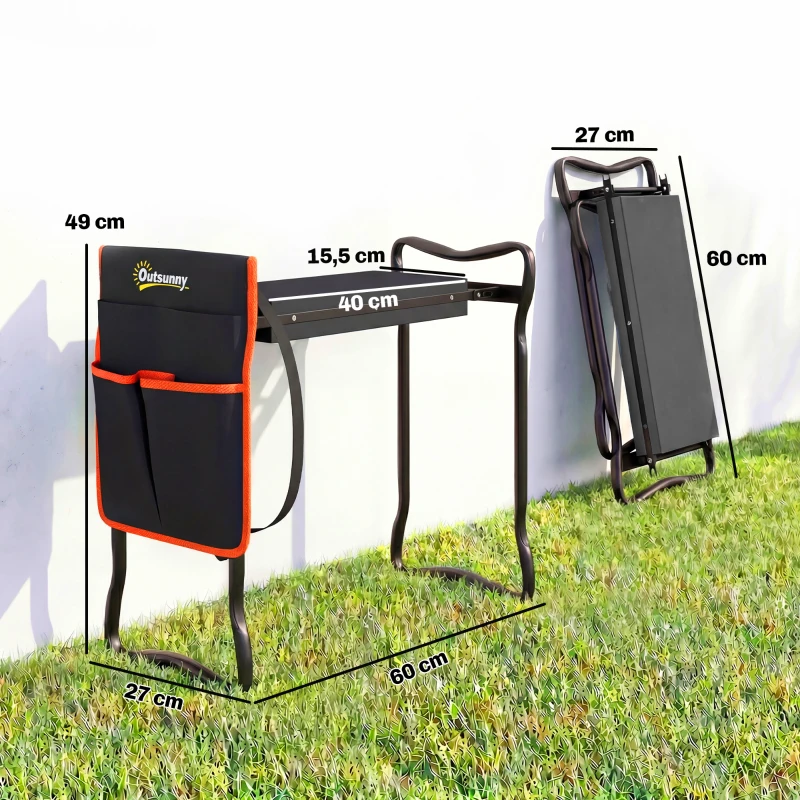 Outsunny Taburete de Jardín Plegable con Almohadilla de EVA Asiento de Jardín con Bolsa para Herramientas en Cintura Carga 150kg