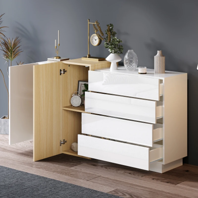 High-Gloss Sideboard with 4 Drawers and 2 Doors, Stylish Storage Cabinet with Anti-Tilt Safety Rails, 140L x 35W x 76.5H cm, White