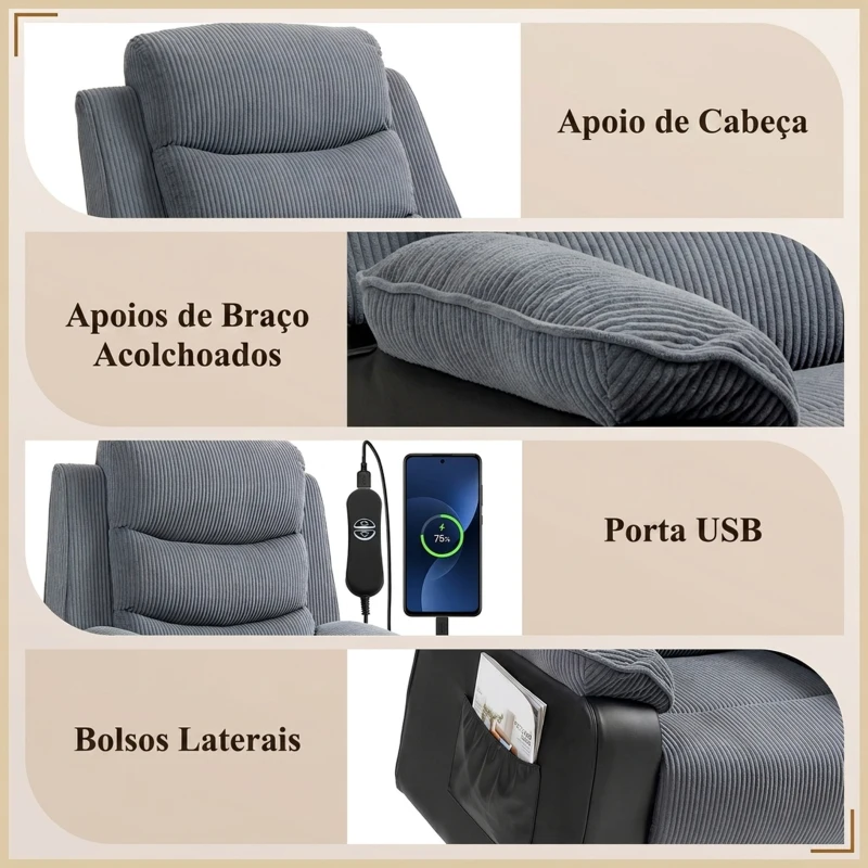 HOMCOM Poltrona Relax Reclinável Elétrica Levanta Pessoas com Controlo Remoto, Porta USB e Bolsos Laterais Cinzento Escuro
