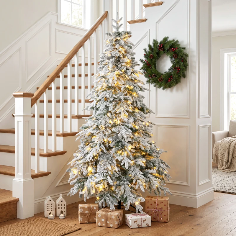 HOMCOM Sapin de Noël Artificiel 180 cm Arbre de Noël Lumineux Enneigé, Branches Articulées, Lumière 350 LEDs, Vert et Blanc