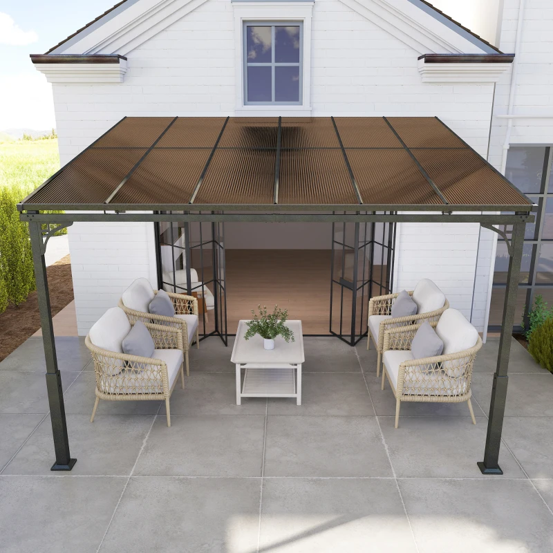 Outsunny 3.4 x 3 m Metal Lean-to Pergola, Wall-Mounted Garden Pergola with Polycarbonate Roof and Metal-Aluminium Frame, Brown