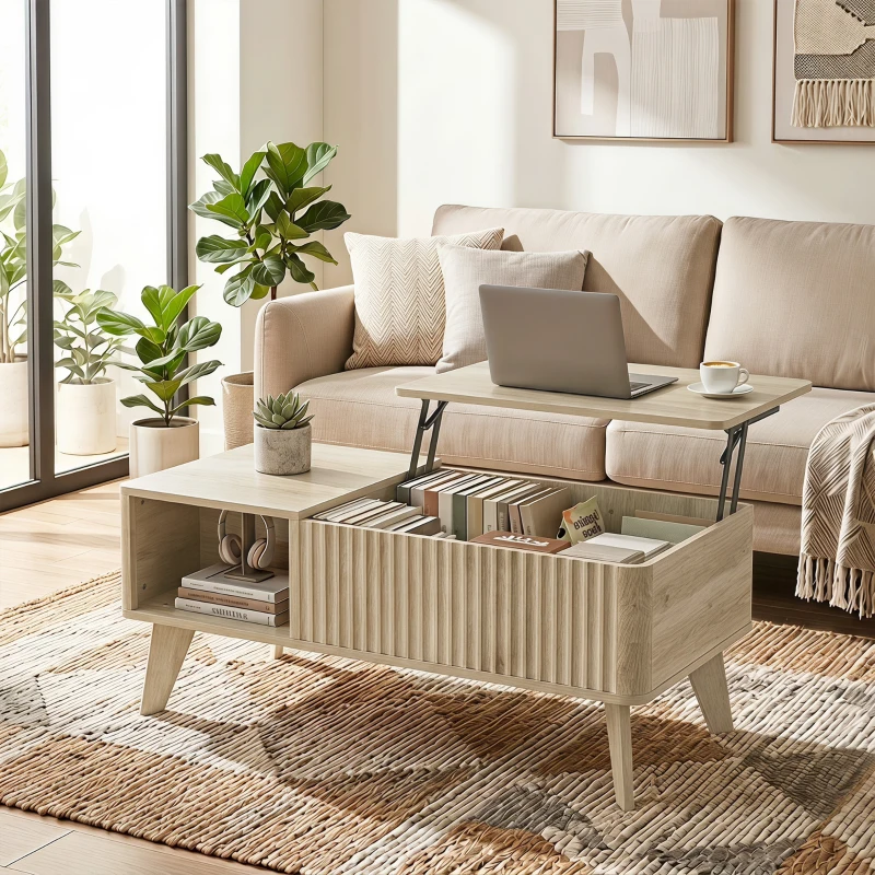 HOMCOM Mesa de centro elevable, compartimento oculto, 2 estantes abiertos, esquinas redondeadas, estilo mid-century, 100x48x41cm, Roble