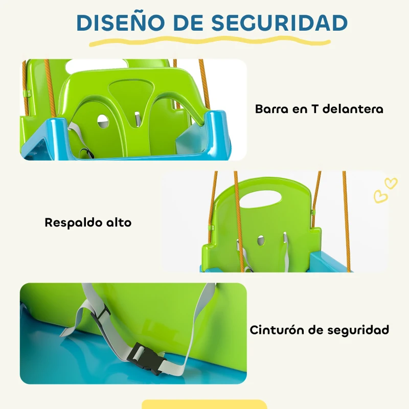 Outsunny Columpio Infantil 3 en 1 Cuerda Ajustable con Respaldo Desmontable Barra en T Cinturón de Seguridad Verde Oscuro