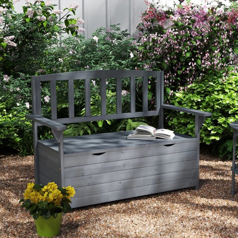 Outsunny Outdoor 2 Seater Garden Bench, Wooden Bench with Storage, Backrest, Arm Rests, 112 x 84 x 58 cm, Grey