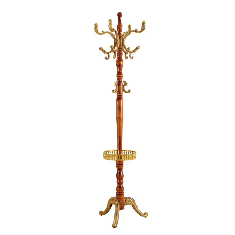 Porte-manteau européen en bois massif, design sculpté et élégant, plusieurs crochets à hauteurs variées, 48x48x195 cm, Couleur naturelle