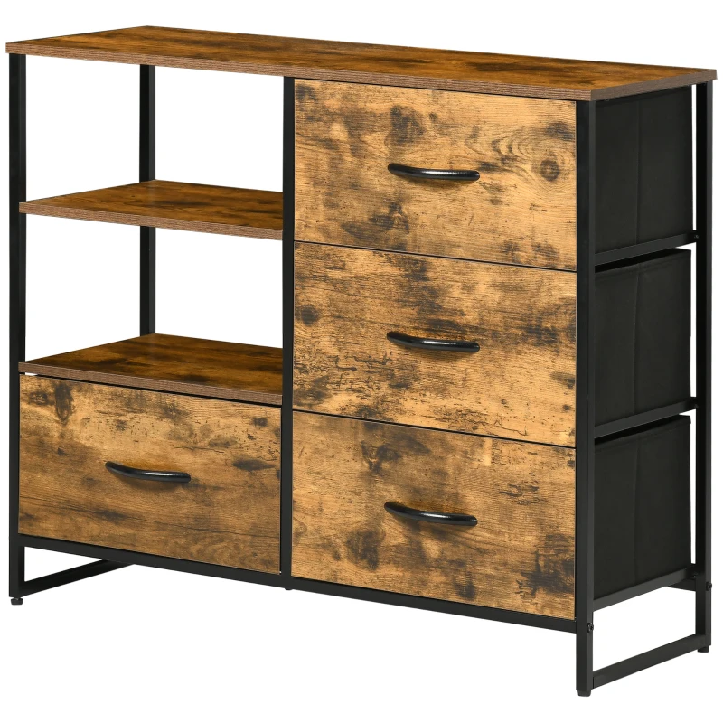 HOMCOM Cassettiera in Stile Industriale con 4 Cassetti in Tessuto Pieghevole e 2 Ripiani Aperti, 84x30x71.5 cm, Marrone