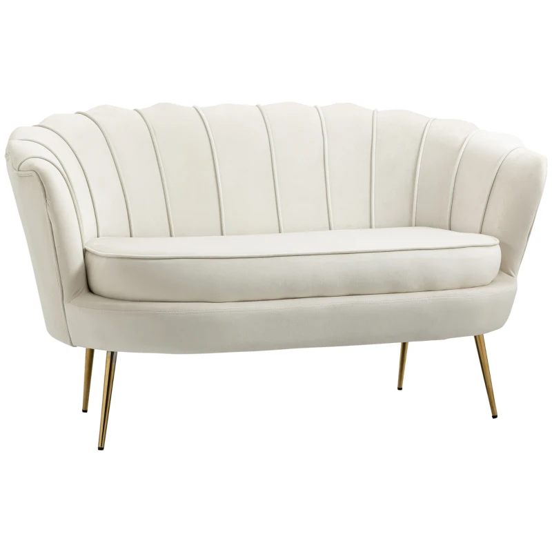 HOMCOM Canapé 2 places en tissu velours, petit canapé, en forme de coquillage, avec coussin épais de 10 cm, crème